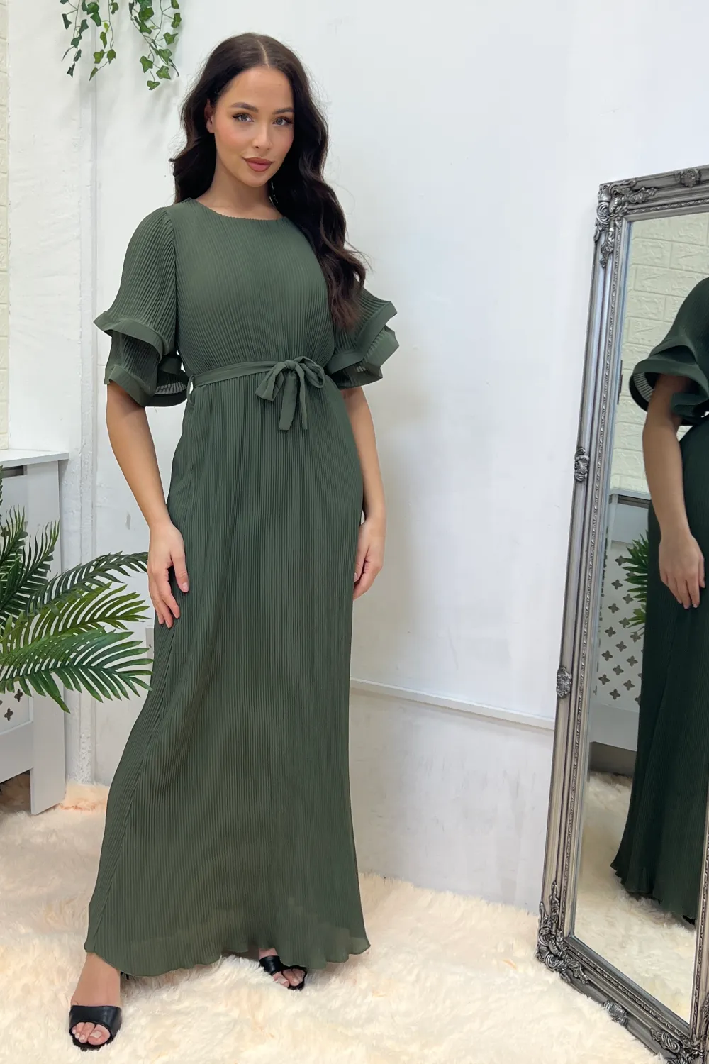 KHAKI PLEATED CHIFFON BOBBLE SLEEVE MAXI DRESS