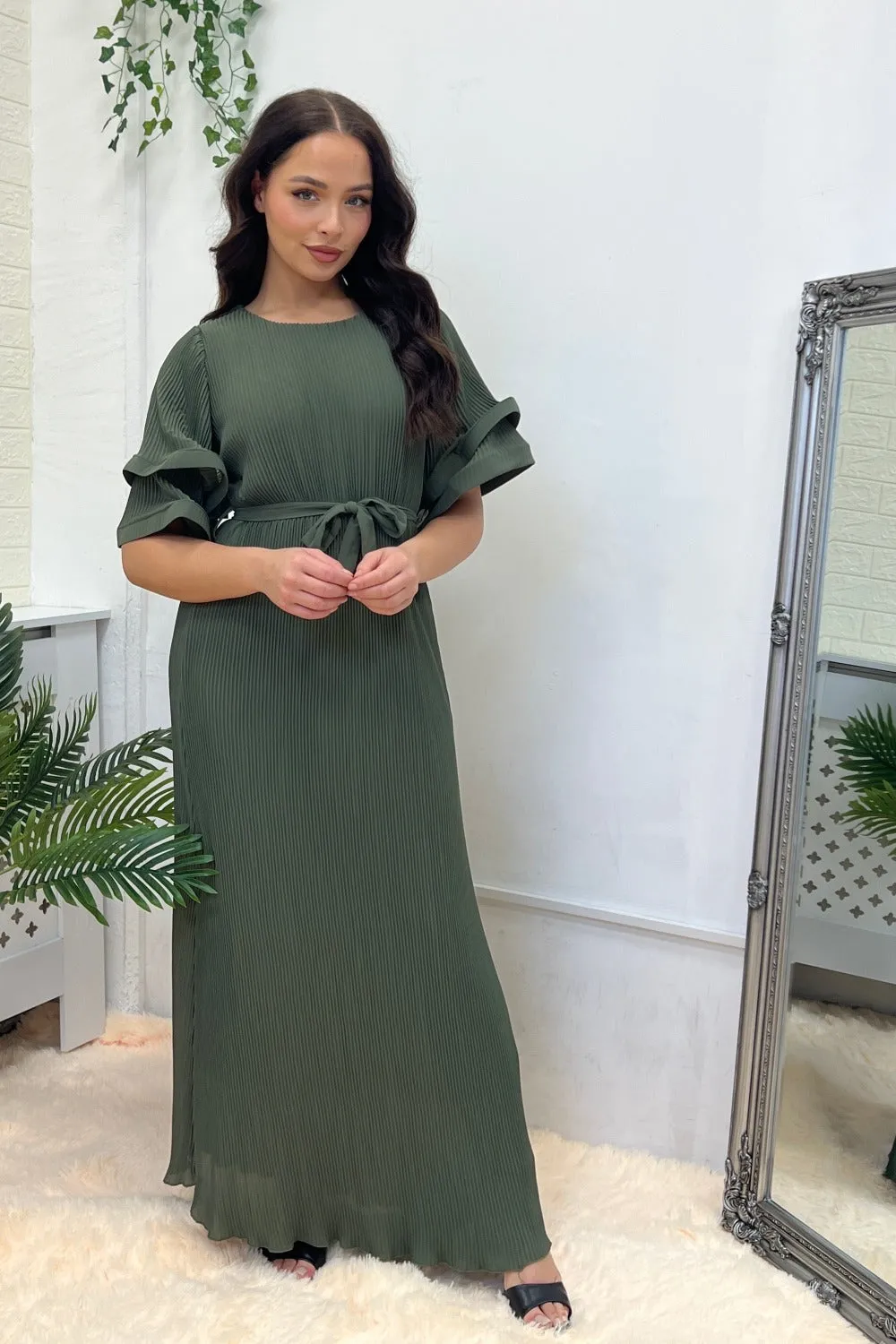 KHAKI PLEATED CHIFFON BOBBLE SLEEVE MAXI DRESS