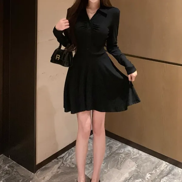 Lapel Slim Pleated Pleated A-Line Black Dress