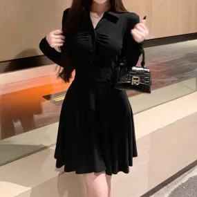 Lapel Slim Pleated Pleated A-Line Black Dress