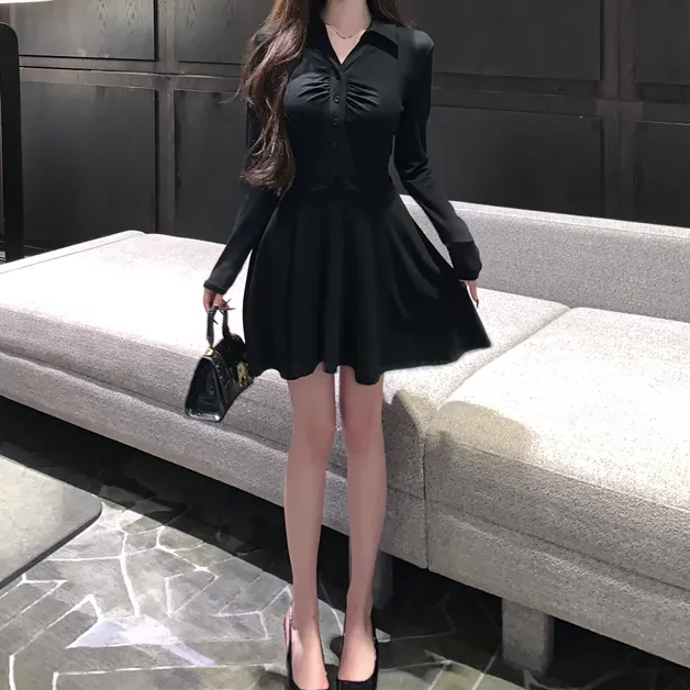 Lapel Slim Pleated Pleated A-Line Black Dress
