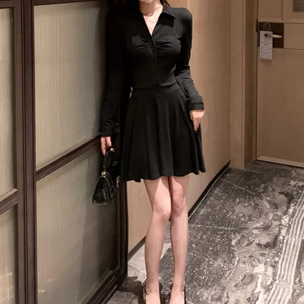 Lapel Slim Pleated Pleated A-Line Black Dress
