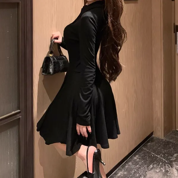 Lapel Slim Pleated Pleated A-Line Black Dress