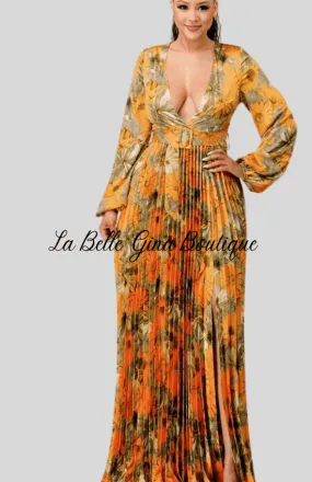 Lara floral Print Pleated Maxi Dress-Orange Combo