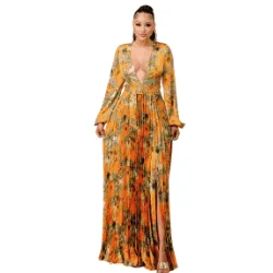Lara floral Print Pleated Maxi Dress-Orange Combo