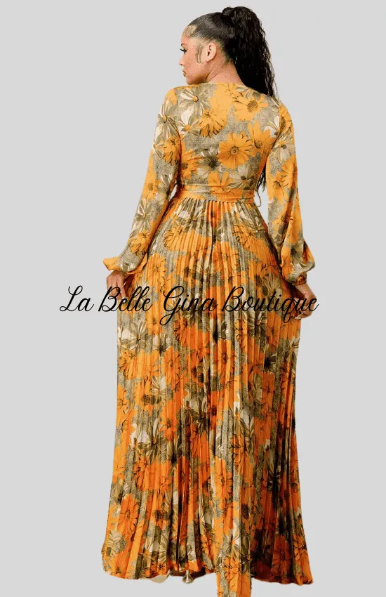 Lara floral Print Pleated Maxi Dress-Orange Combo