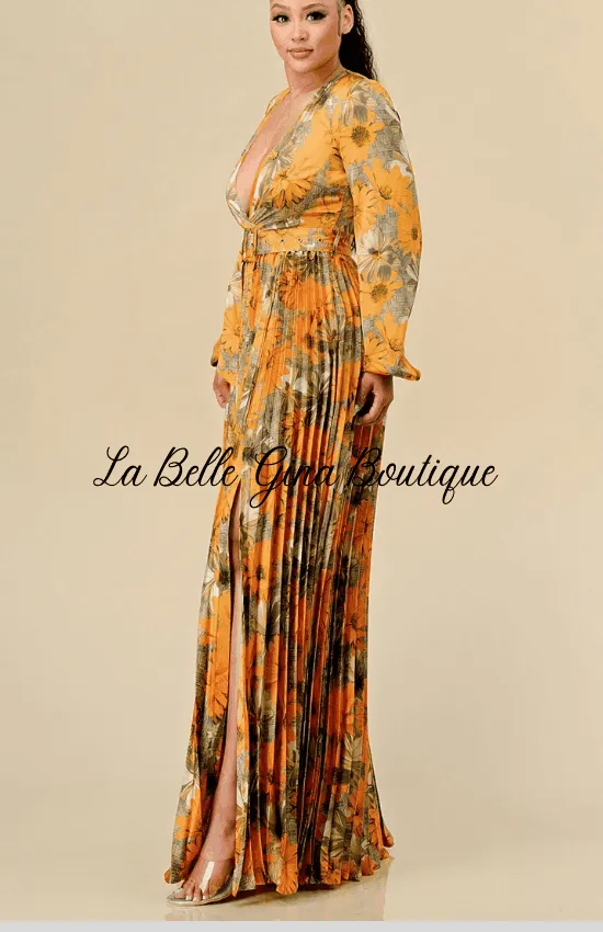 Lara floral Print Pleated Maxi Dress-Orange Combo