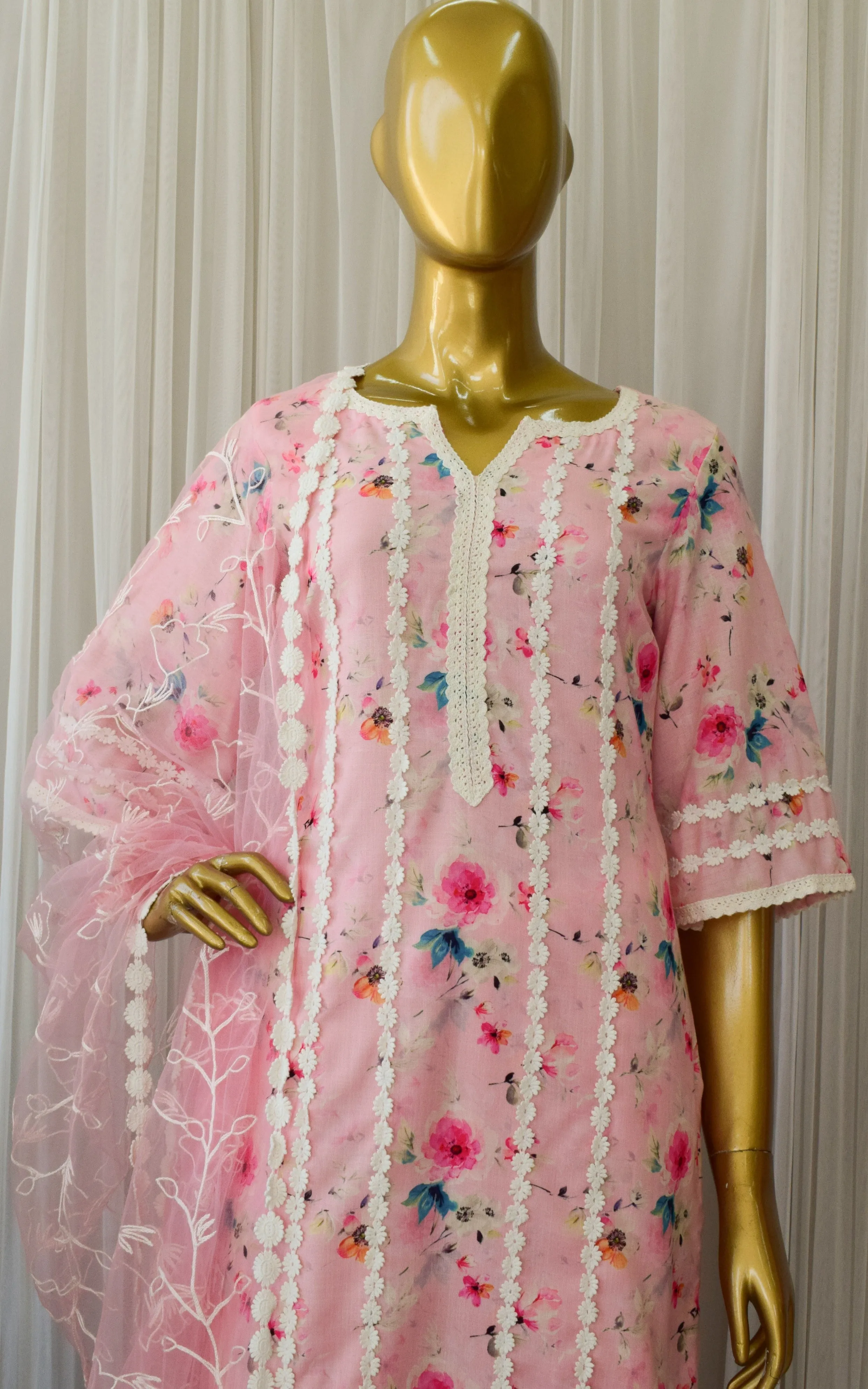 Light Pink Floral Cotton Linen Kurta Pant Set