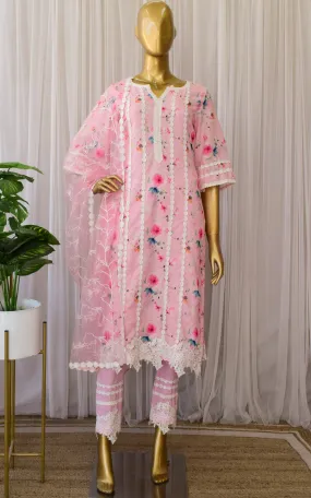 Light Pink Floral Cotton Linen Kurta Pant Set