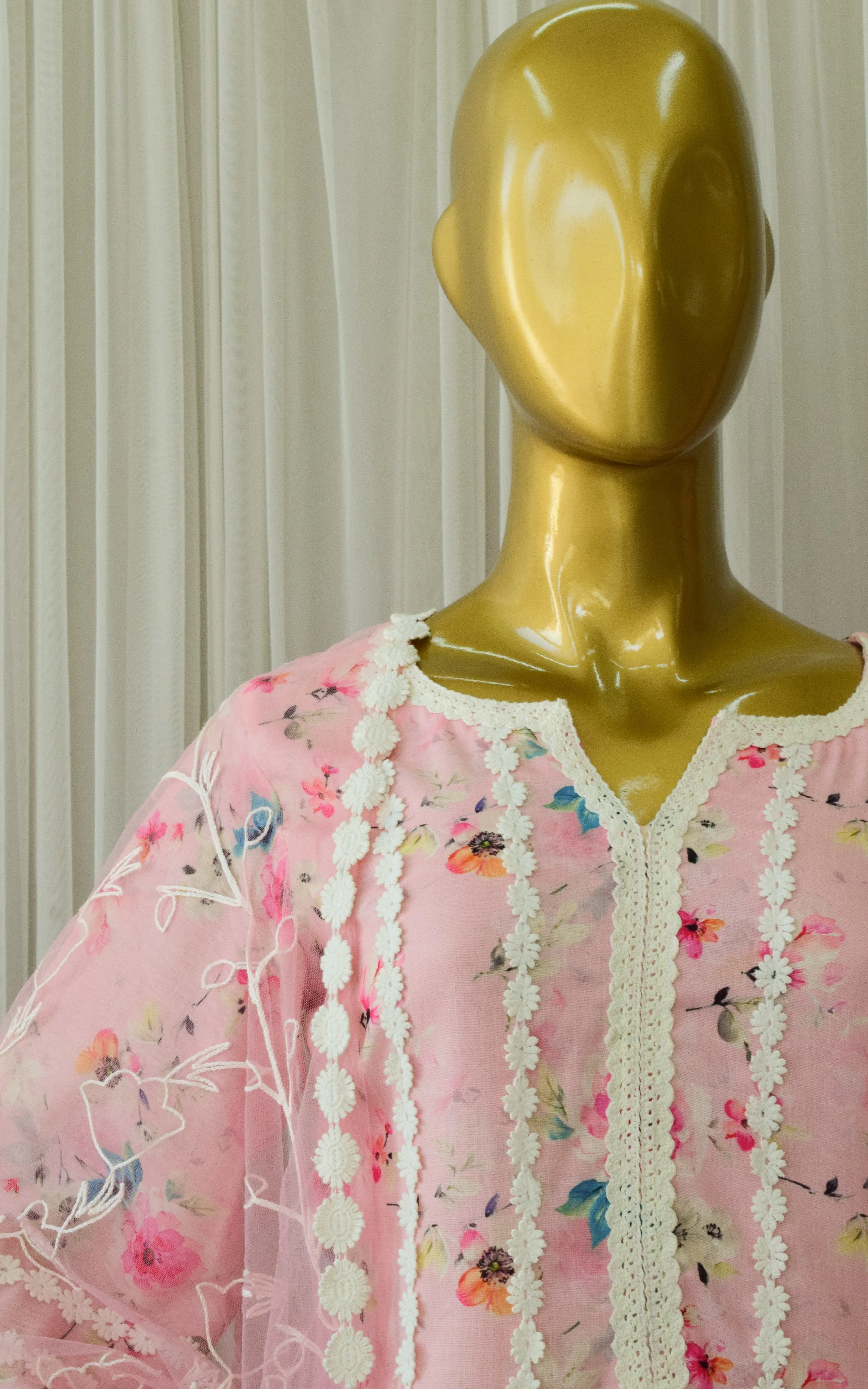 Light Pink Floral Cotton Linen Kurta Pant Set
