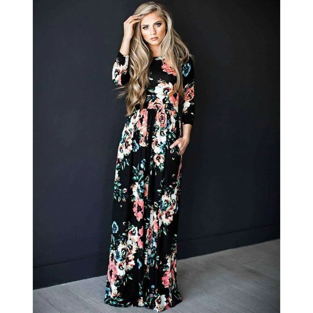 Long Sleeves Floral Pocket Dress