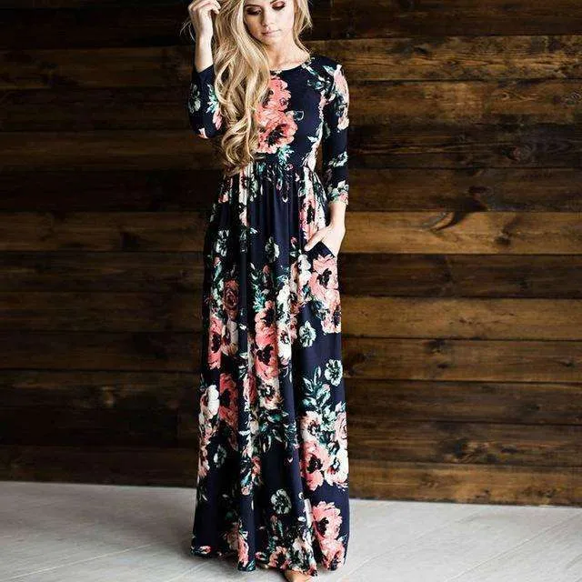 Long Sleeves Floral Pocket Dress