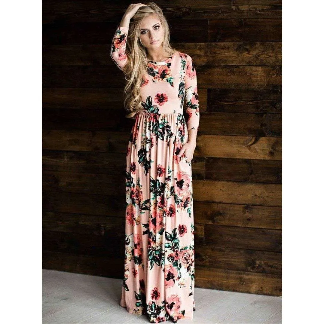Long Sleeves Floral Pocket Dress