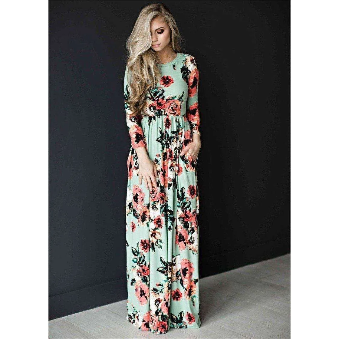 Long Sleeves Floral Pocket Dress