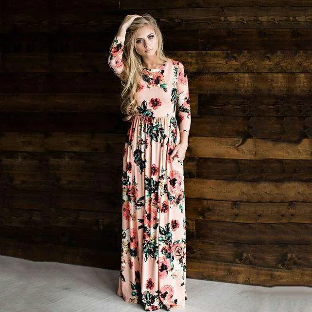 Long Sleeves Floral Pocket Dress