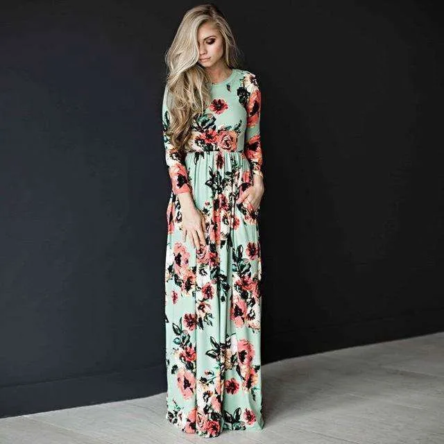 Long Sleeves Floral Pocket Dress
