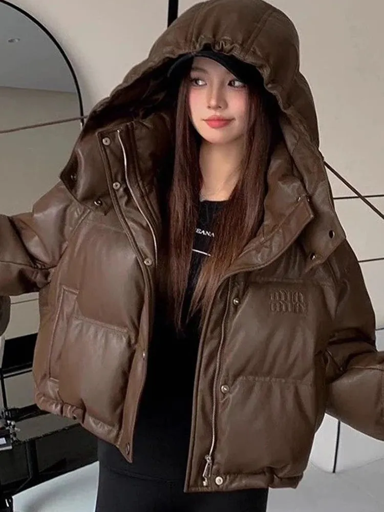 LVSANW Winter Hooded Down Jacket Coat Women Manteaux Hiver Femme 2025 New Thick Warm PU Leather Parkas Loose Fashion Outerwear