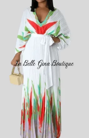 Malia Pleated Self Tie Waist Maxi Dress-White