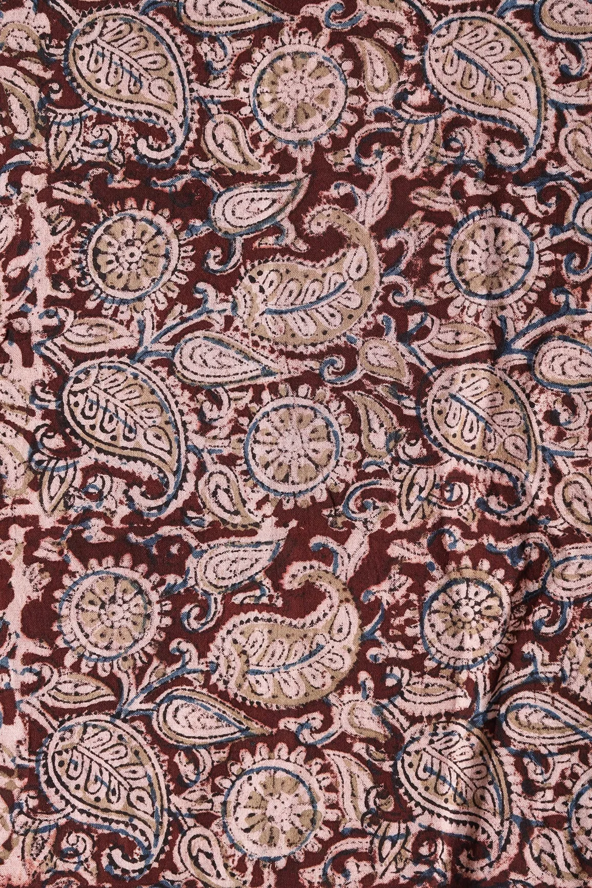 Maroon And Light Beige Paisley Pattern Handblock Kalamkari Organic Cotton Fabric