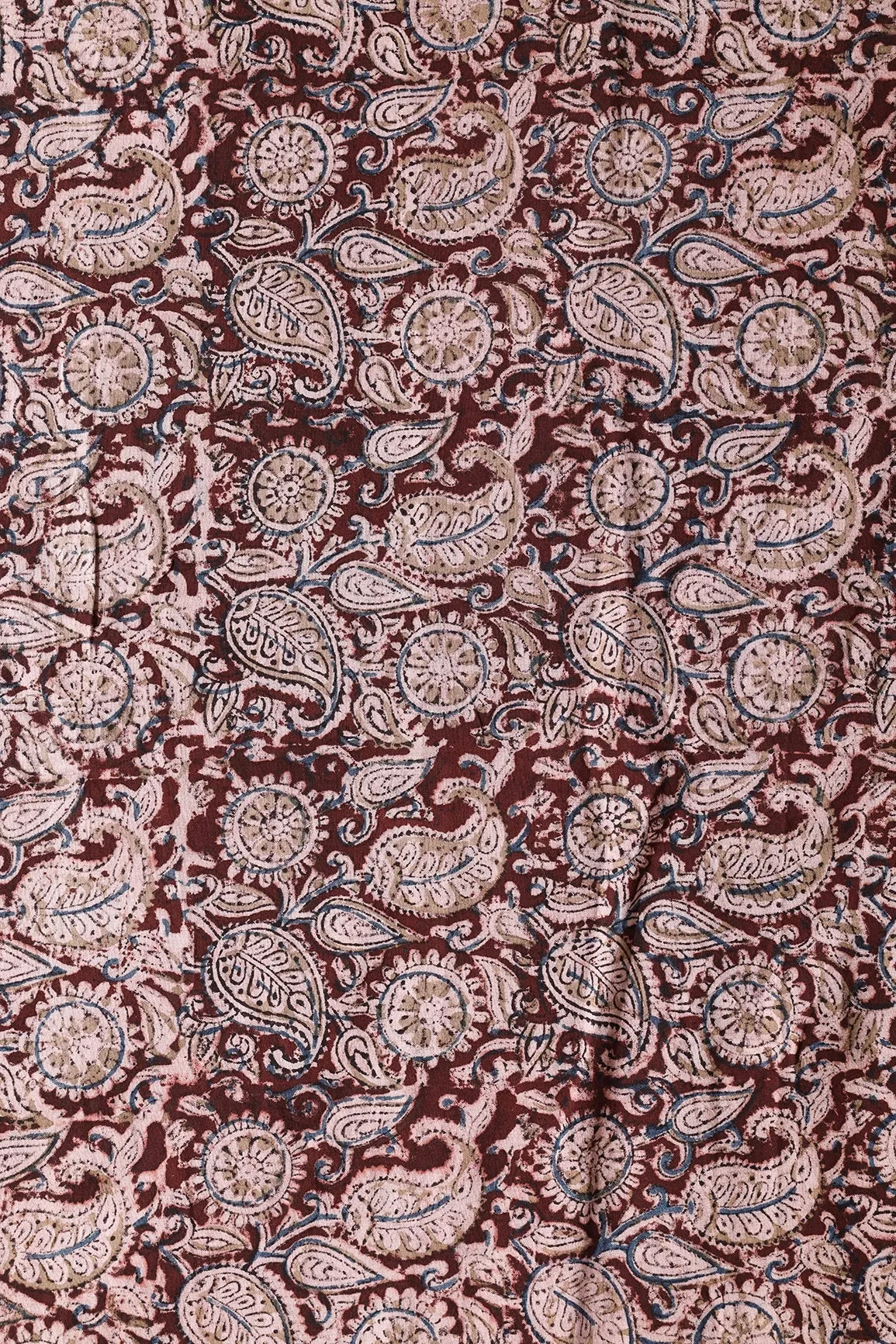 Maroon And Light Beige Paisley Pattern Handblock Kalamkari Organic Cotton Fabric