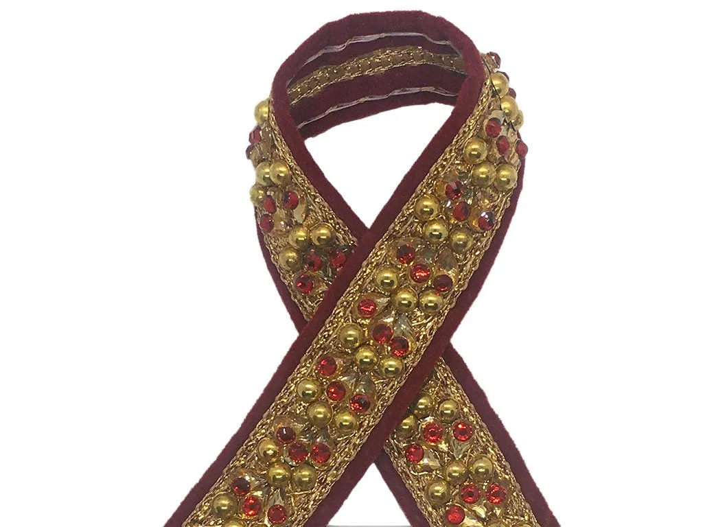 Maroon Golden Designer Stone Work Embroidered Border