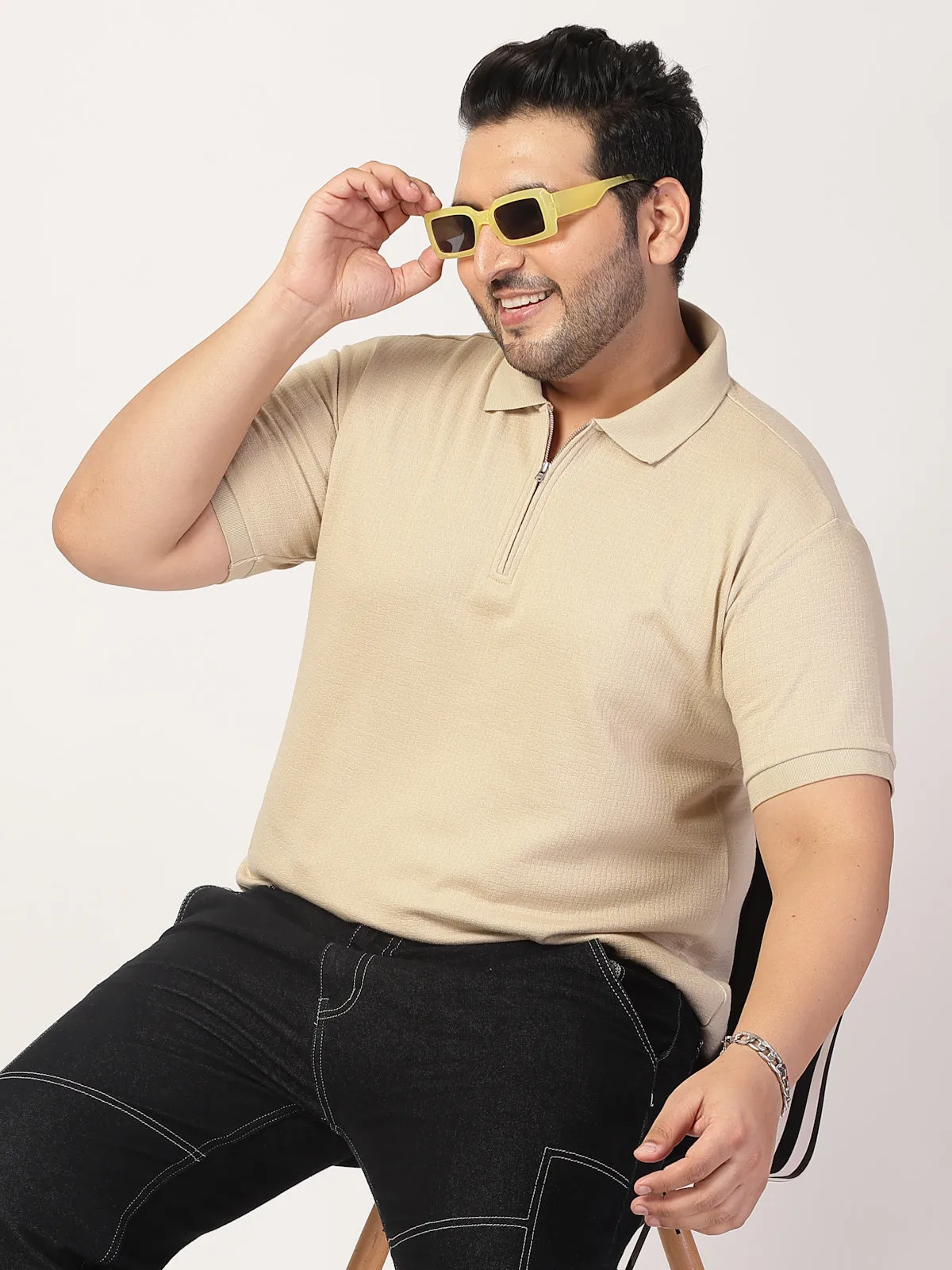 Men Half Zipper Polo Collar Cotton T-shirt