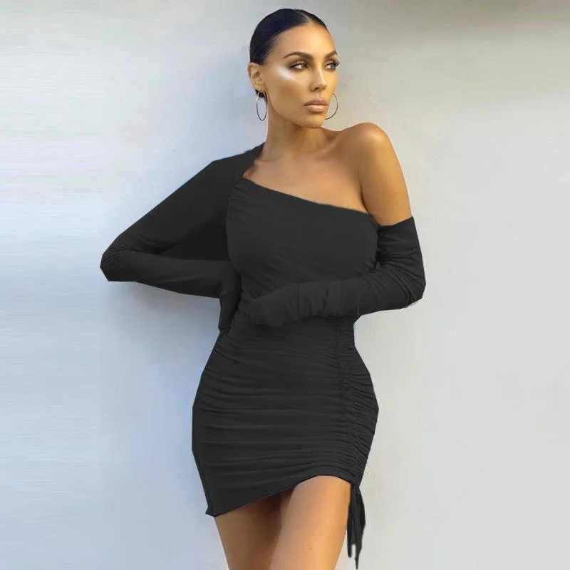 Mesh Diagonal Off Shoulder Perspective Pleated Dress