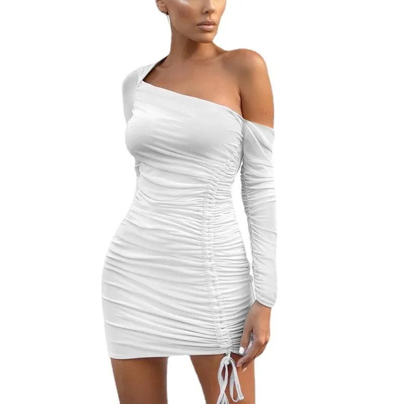 Mesh Diagonal Off Shoulder Perspective Pleated Dress