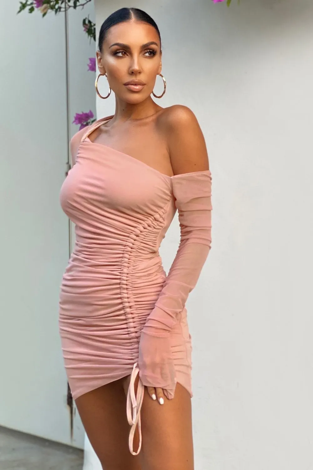 Mesh Diagonal Off Shoulder Perspective Pleated Dress