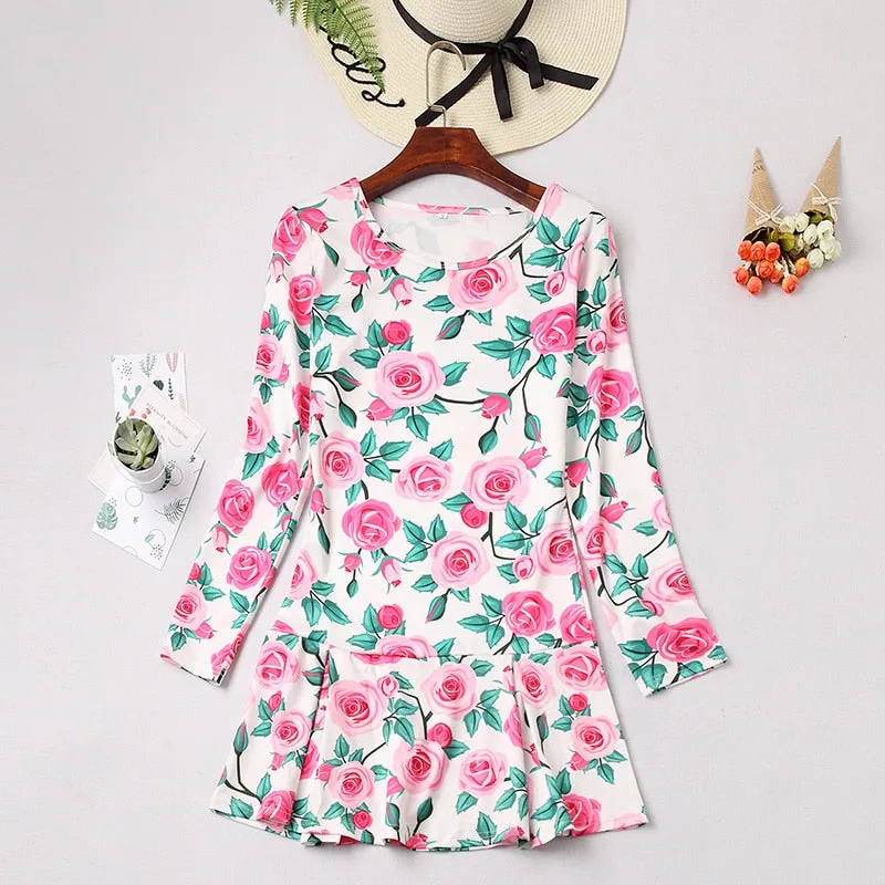 Mom and Daughter Dress Fashion Floral Long Sleeve Mommy and Me Clothes Family Matching Outfits Women Girls Knee-length Dress