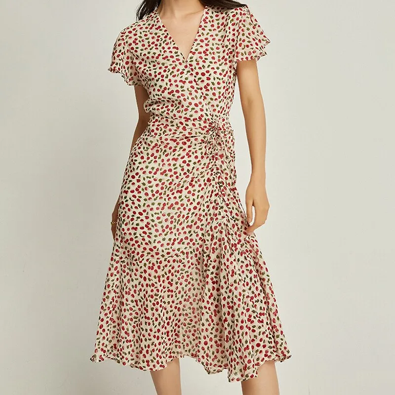Mqtime floral print women's dress v-neck flying sleeve shirring elegant dresses female 2023 summer fashion new