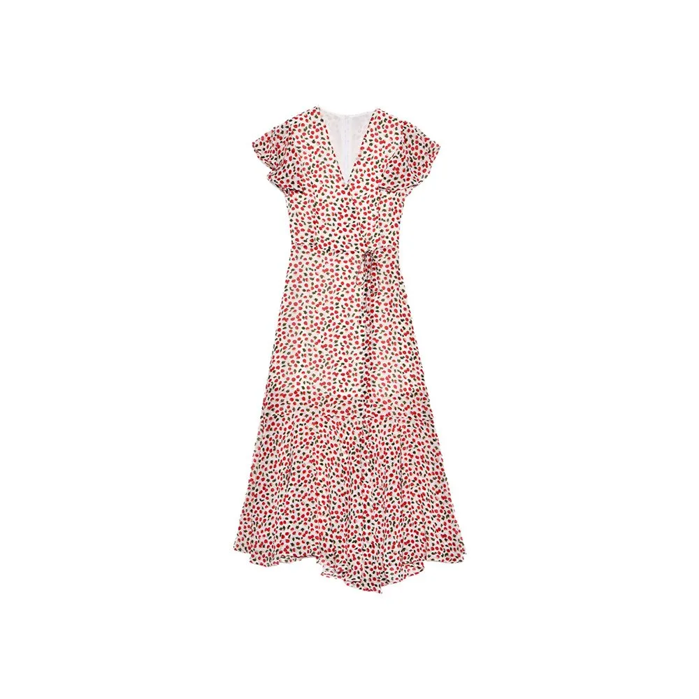 Mqtime floral print women's dress v-neck flying sleeve shirring elegant dresses female 2023 summer fashion new