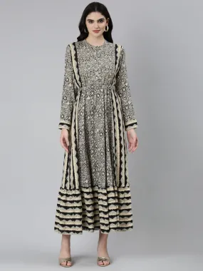 Neeru's Grey Straight Casual Floral Dresses
