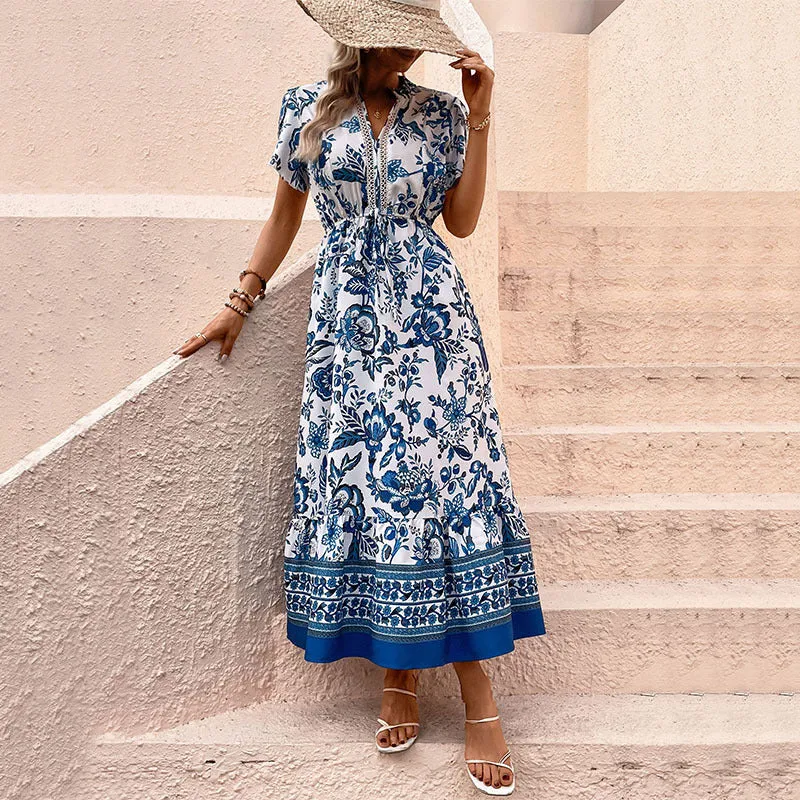 New Blue Floral Print Slimming Maxi Dress