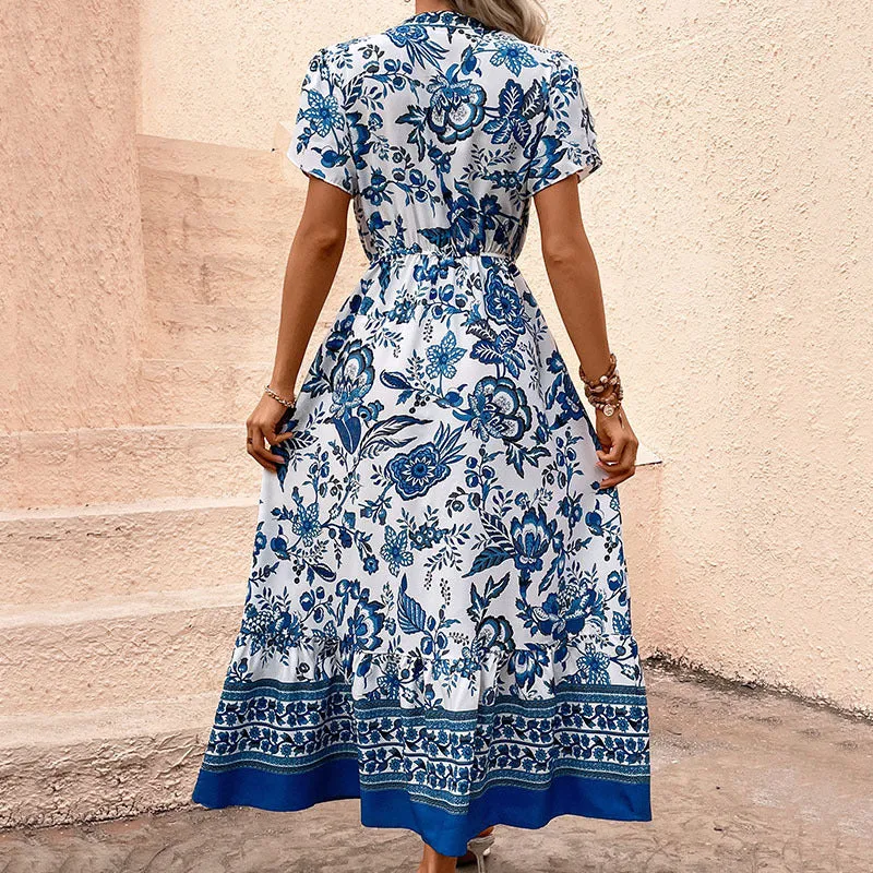 New Blue Floral Print Slimming Maxi Dress