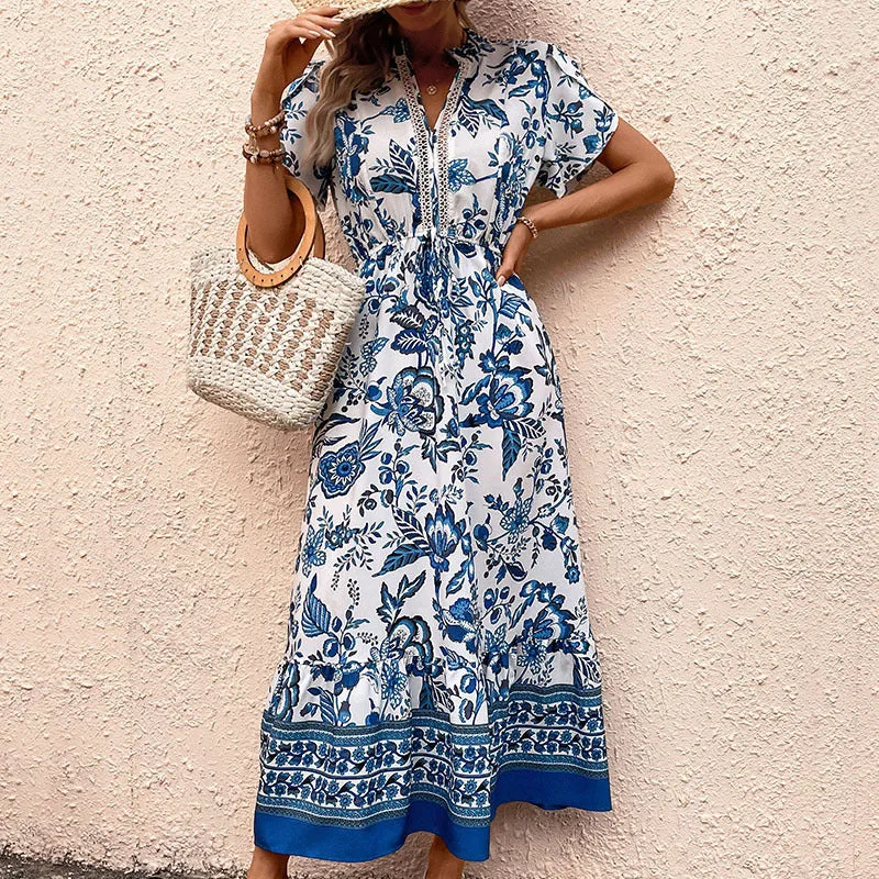 New Blue Floral Print Slimming Maxi Dress