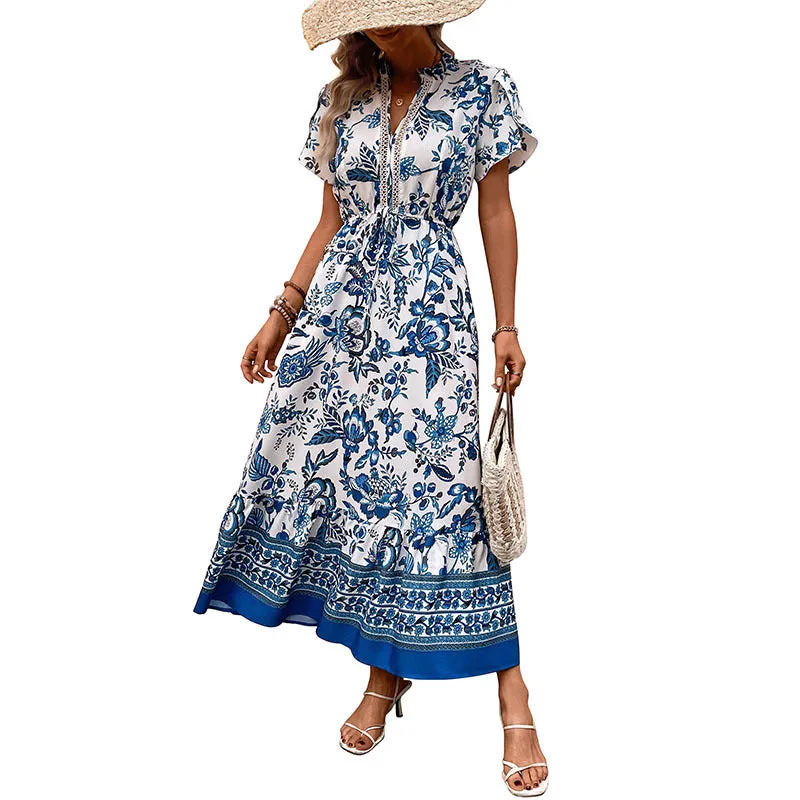 New Blue Floral Print Slimming Maxi Dress