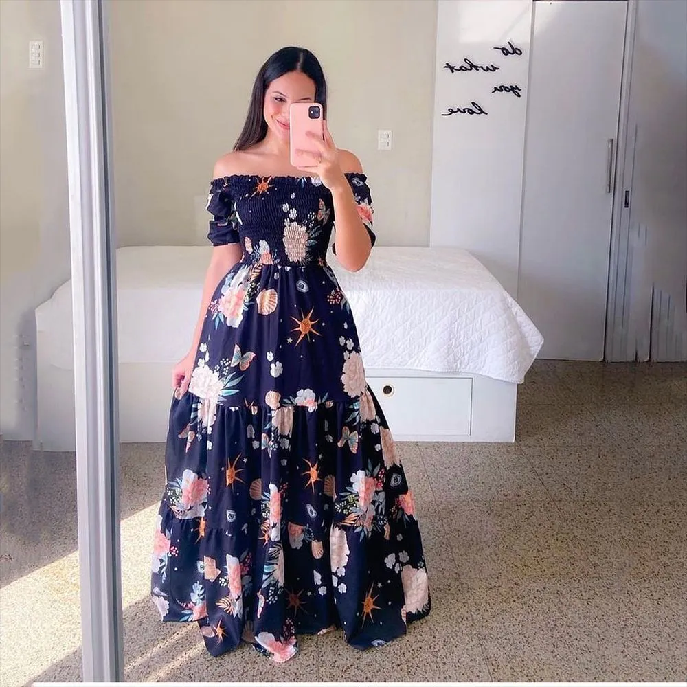 One-Shoulder Floral Fashion Maxi Dress-1