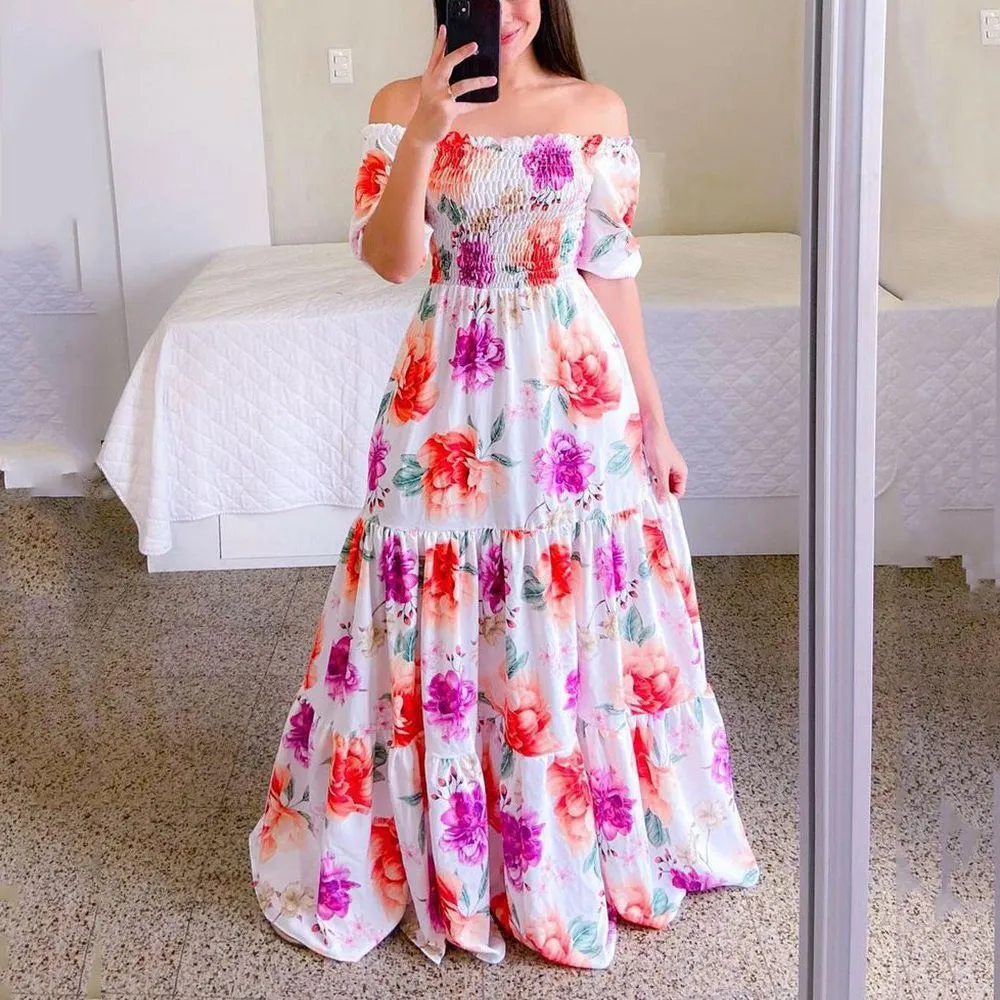 One-Shoulder Floral Fashion Maxi Dress-1