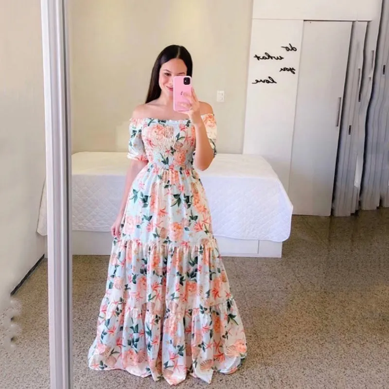 One-Shoulder Floral Fashion Maxi Dress-1