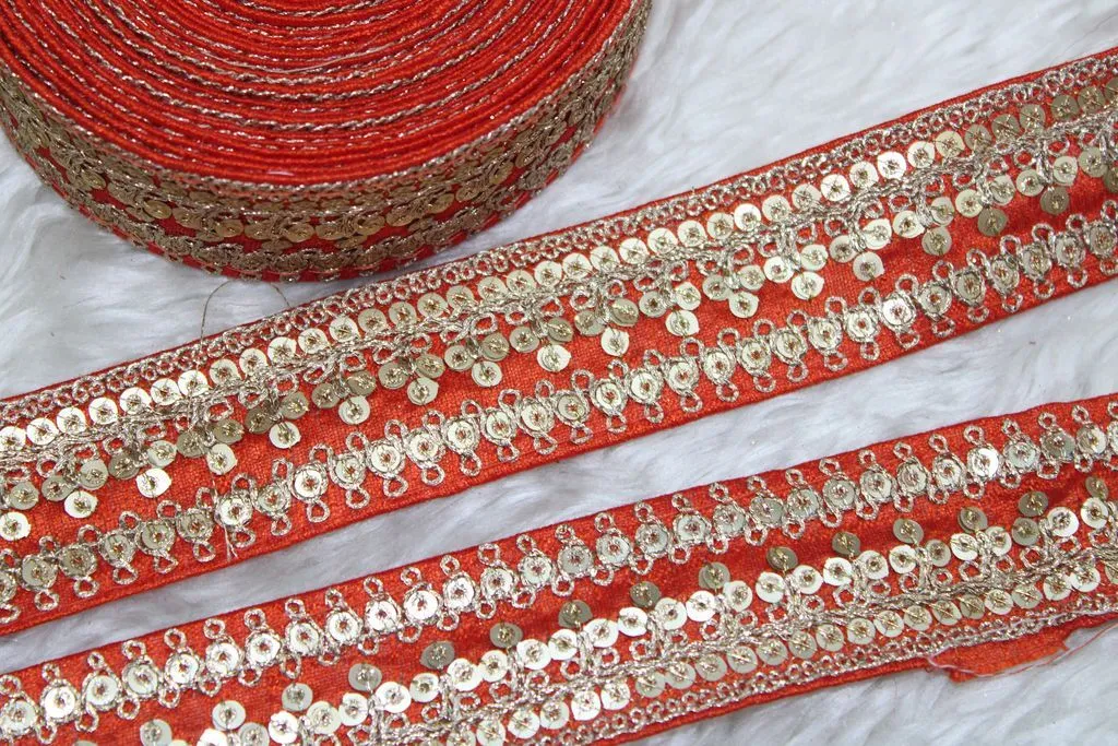 Orange Designer Zari and Sequins Work Embroidered Border