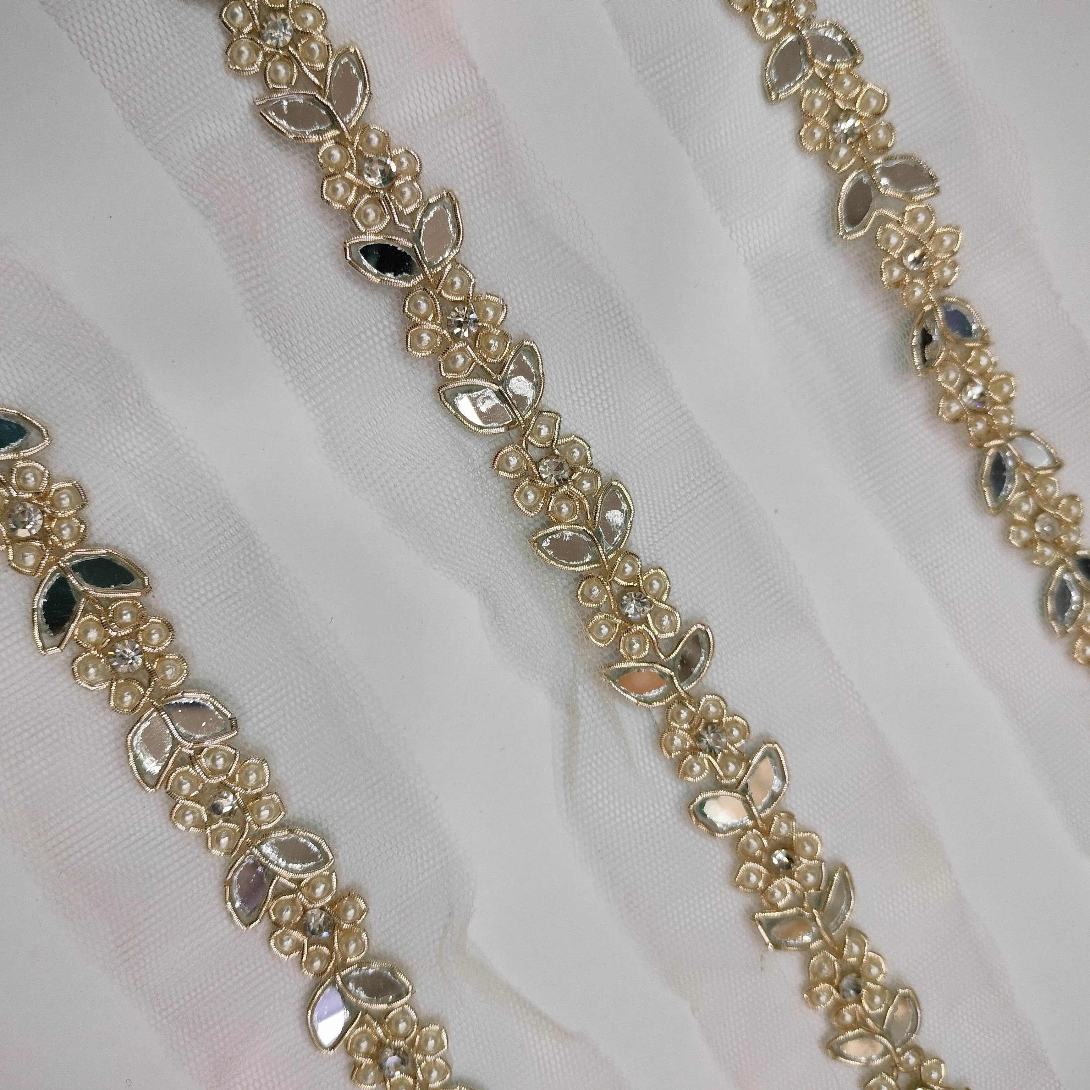 Peach & Golden Mirror Work Embellished Handwork Trim (Wholesale)