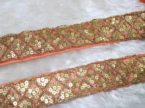 Peach Fancy Sequins Trim Embroidered Lace Border