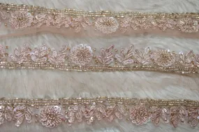 Peach Floral Sequins and Beads Handwork Embroidered Border