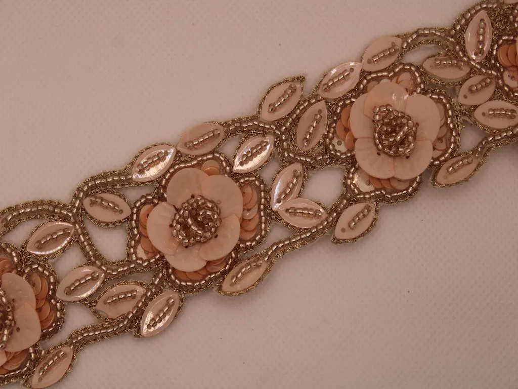 Peach Sequins and Beads Work Embroidered Border