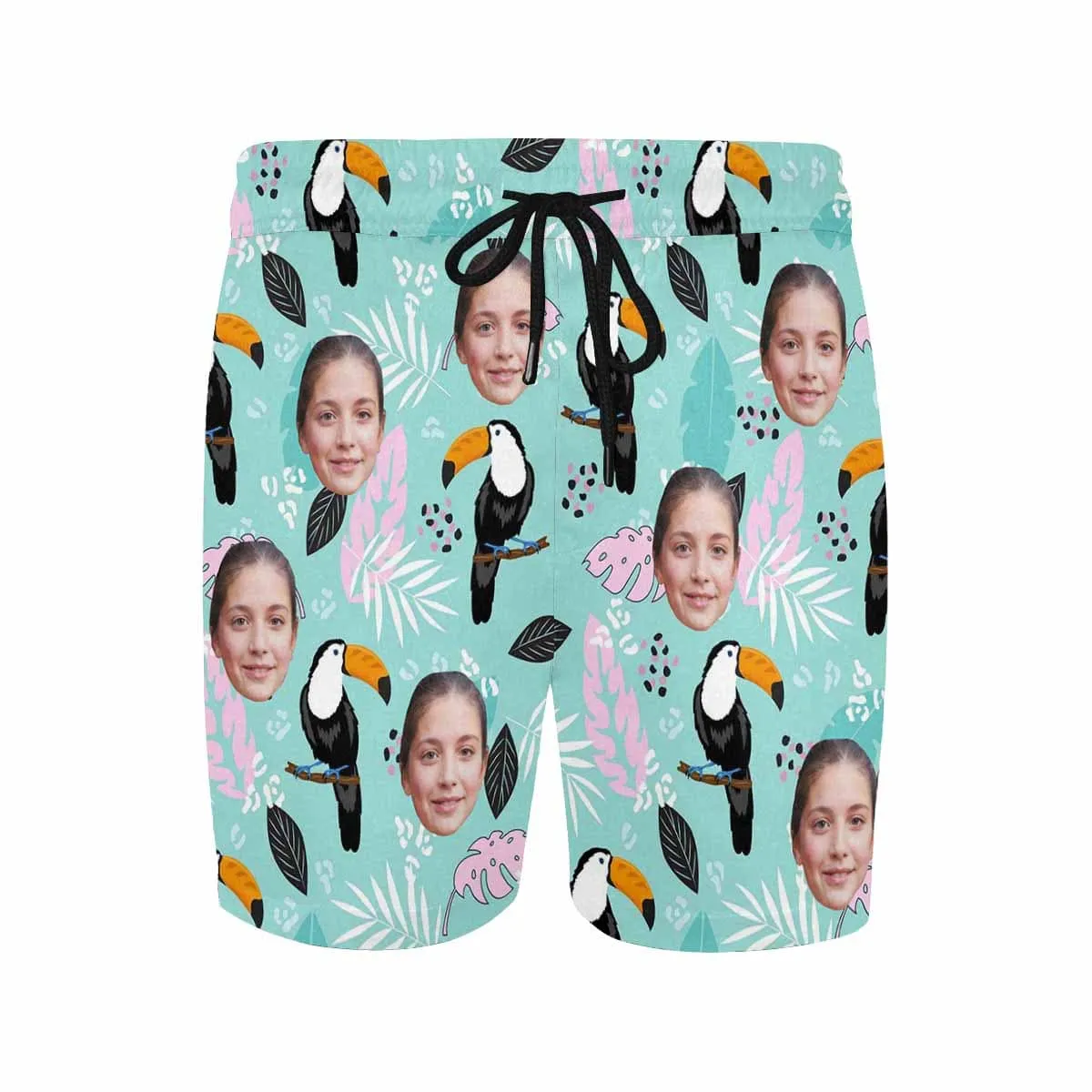 Personalized Swim Trunks with Customized Face Parrot Leaves Men's Quick Dry Swim Shorts