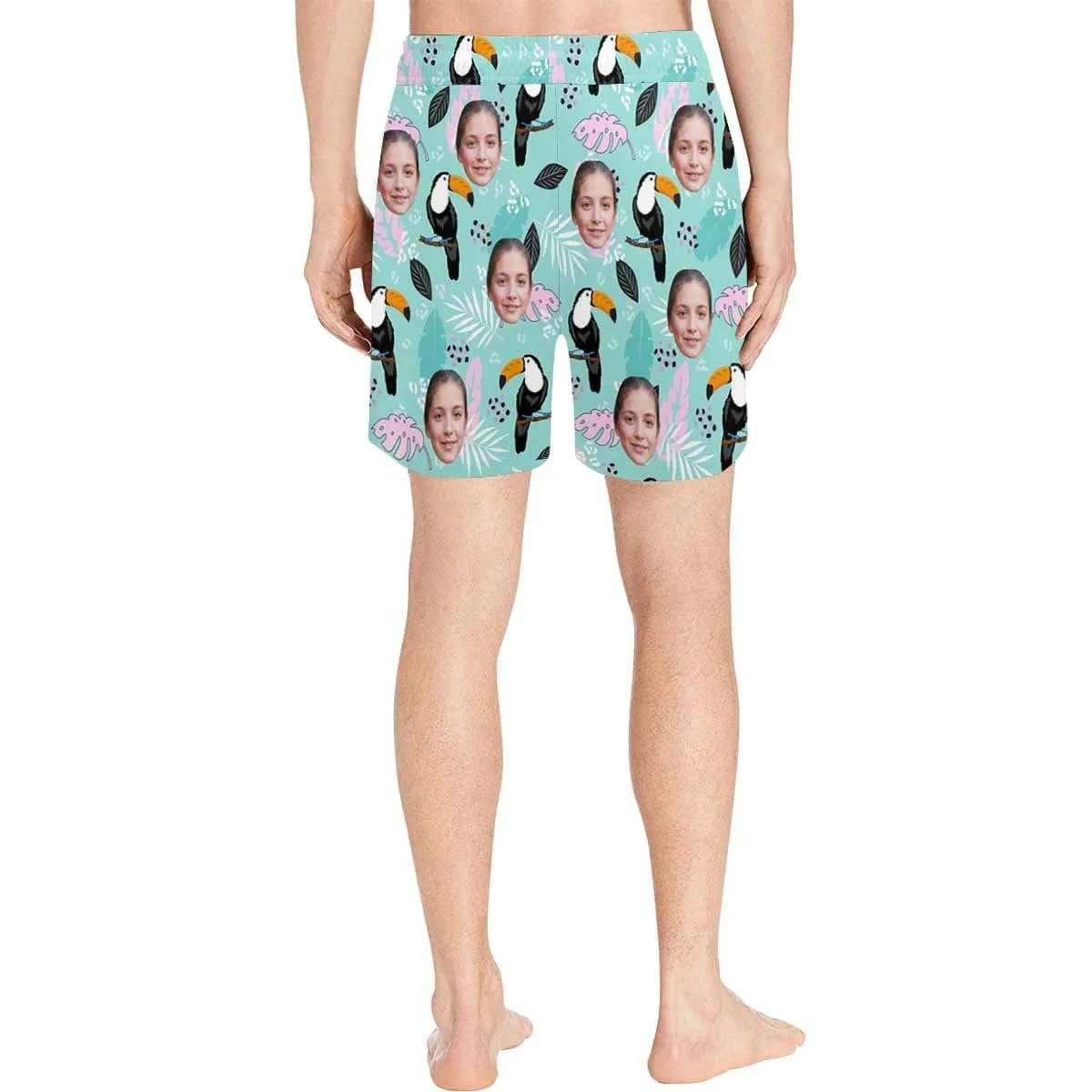 Personalized Swim Trunks with Customized Face Parrot Leaves Men's Quick Dry Swim Shorts