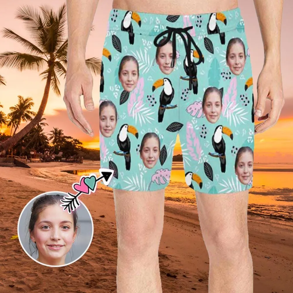 Personalized Swim Trunks with Customized Face Parrot Leaves Men's Quick Dry Swim Shorts