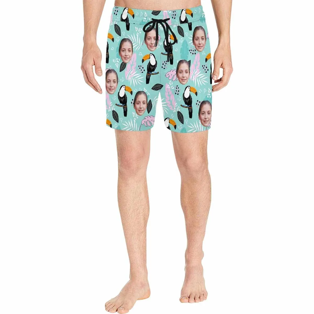 Personalized Swim Trunks with Customized Face Parrot Leaves Men's Quick Dry Swim Shorts