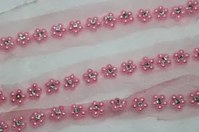 Pink Floral Handwork Pearl Work Embroidered Border
